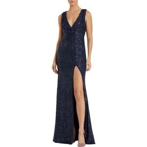 Mac Duggal Midnight Navy V-Neck Sequin Wrap Waist Slit Cocktail Gown 4